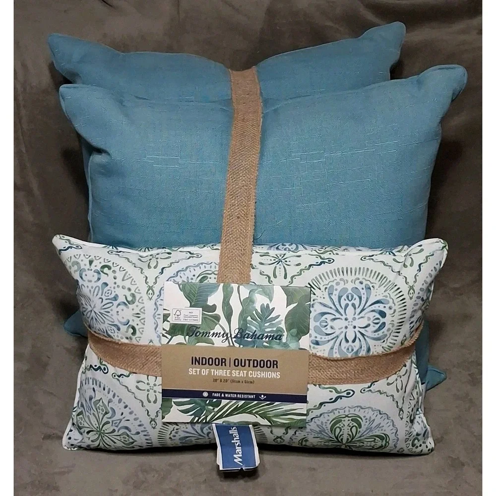 Tommy Bahama Outdoor 3 Pillow Set Blue Medallion Watercolor Patio Easter NWT